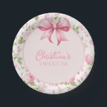 Pink Bow Coquette Sweet 16 Paper Plate<br><div class="desc">These paper plates feature a bow and cabbage rose background with the phrase "Sweet 16" You can personalise with a name.</div>