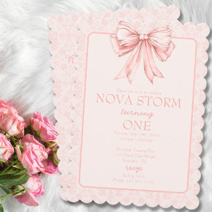 Pink Bow Coquette Toile Demask Milestone Birthday Invitation