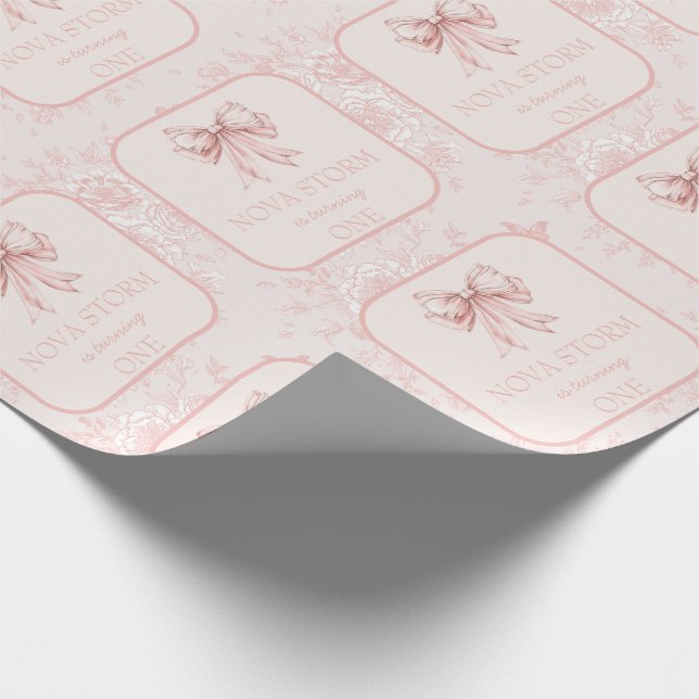 Pink Bow Coquette Toile Milestone Custom Birthday Wrapping Paper (Corner)