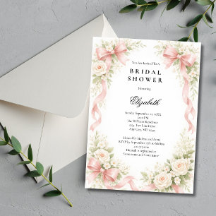 Pink Bow Coquette White Rose Florals Bridal Shower Invitation