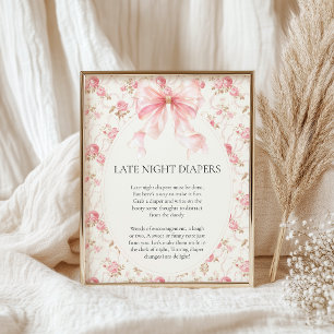 Pink Bow Cottag Late Night Diaper Baby Shower Game Poster