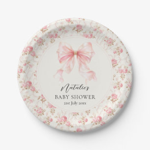 Pink Bow Cottage Floral Baby Shower Party Paper Plate