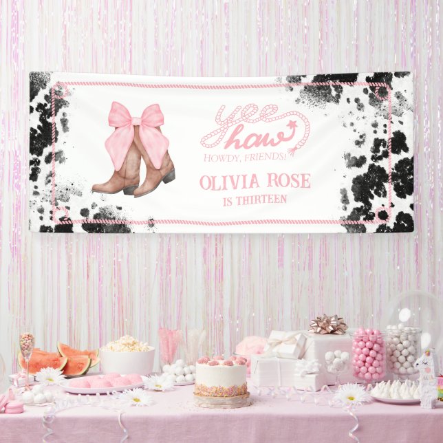 Pink Bow & Cowgirl Boots Coquette Western Birthday Banner (Party)