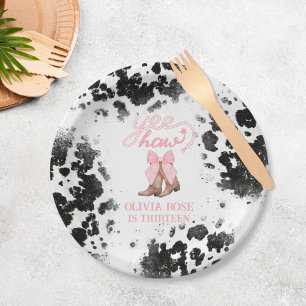 Pink Bow & Cowgirl Boots Coquette Western Birthday Paper Plate