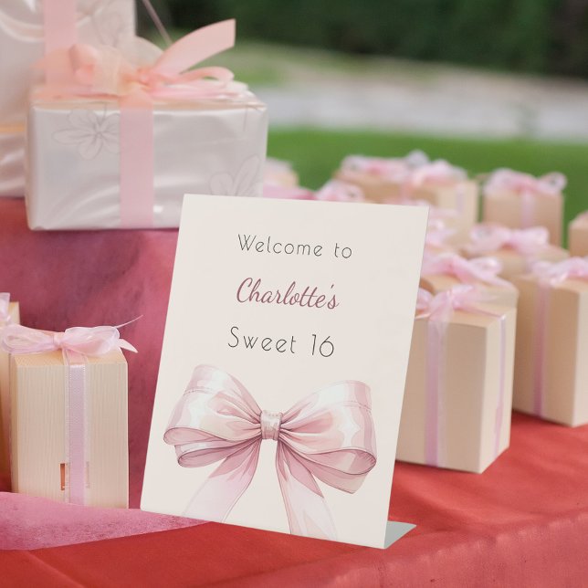 Pink bow cream beige Sweet 16 welcome Pedestal Sign (Creator Uploaded)