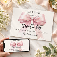 Pink bow cream birthday party Save the Date card