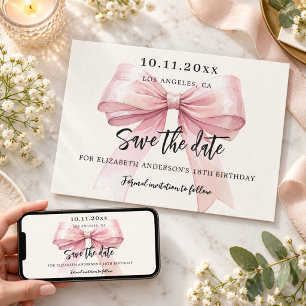 Pink bow cream birthday party Save the Date card