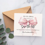 Pink bow cream birthday party Save the Date card<br><div class="desc">A modern and elegant Save the Date for a birthday party (any age).   A soft cream,  beige coloured background,  decorated with a large pink bow. Personalise and add date,  place,  name and age. 

1 sheet = 1 invitation printed edge to edge.</div>