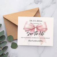 Pink bow cream birthday party Save the Date