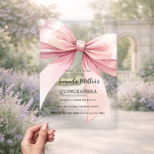 Pink bow cream clear Quinceanera Acrylic Invitations