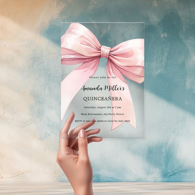 Pink bow cream clear Quinceanera Acrylic Invitations (Creator Uploaded)