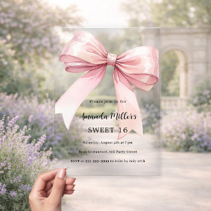 Pink bow cream elegant SWEET 16 clear Acrylic Invitations