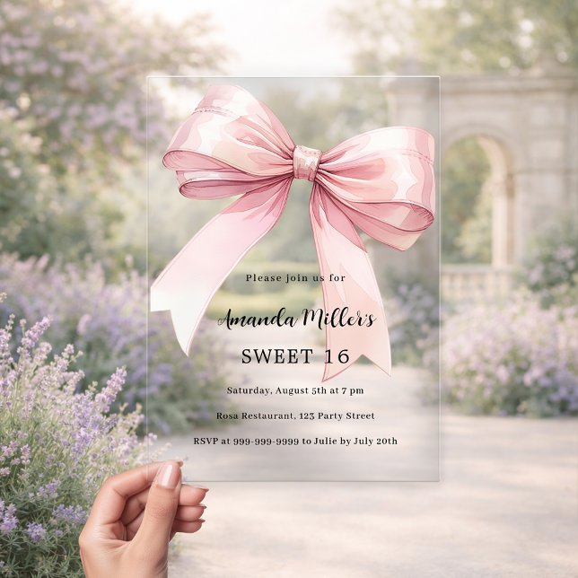 Pink bow cream elegant SWEET 16 clear Acrylic Invitations (Creator Uploaded)