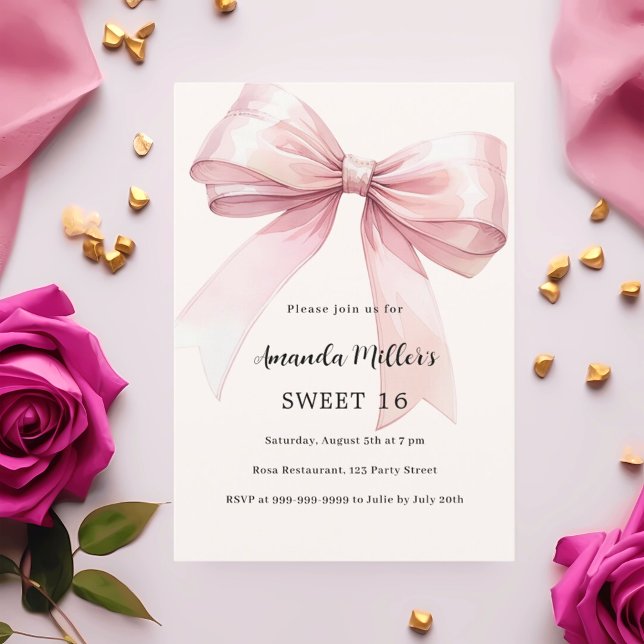 Pink bow cream elegant SWEET 16 Invitation (Creator Uploaded)