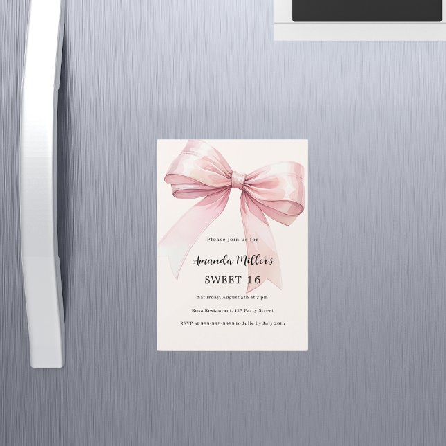 Pink bow cream elegant SWEET 16 luxury Magnetic Invitation (Creator Uploaded)