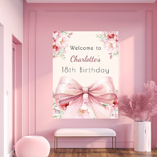 Pink bow cream florals birthday welcome poster