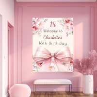 Pink bow cream florals birthday welcome sign
