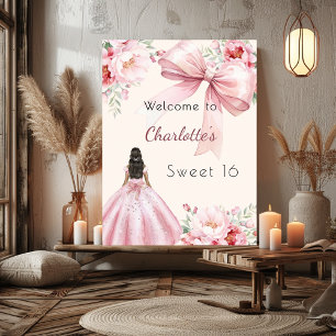 Pink bow cream florals dress Sweet 16 welcome Poster