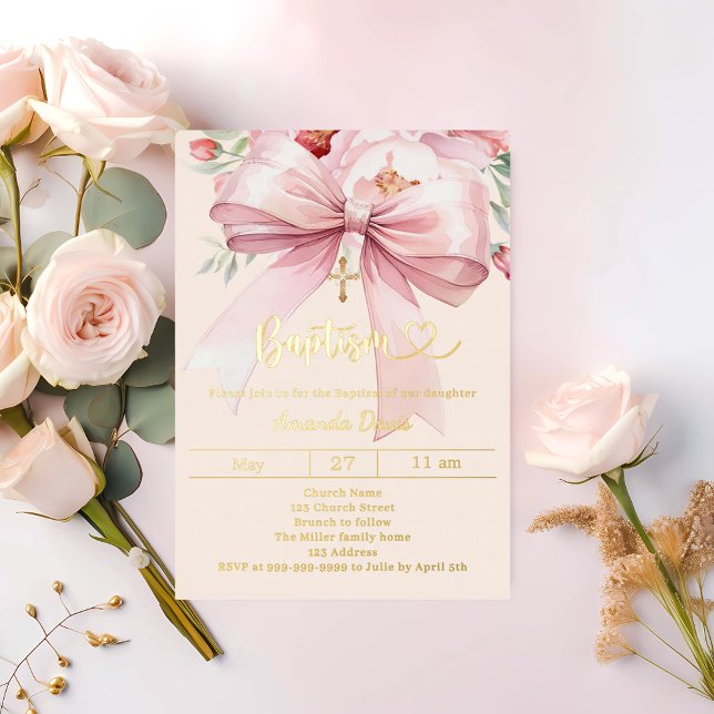 Pink bow cream florals girl Baptism gold (Creator Uploaded)