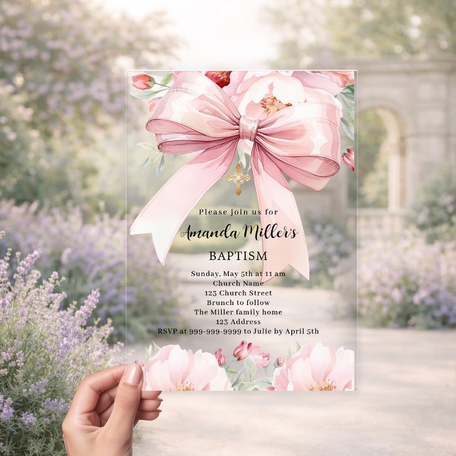 Pink bow cream florals girl clear Baptism Acrylic Invitations (Creator Uploaded)