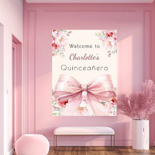 Pink bow cream florals Quinceanera welcome Poster