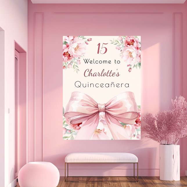 Pink bow cream florals Quinceanera welcome sign (Creator Uploaded)