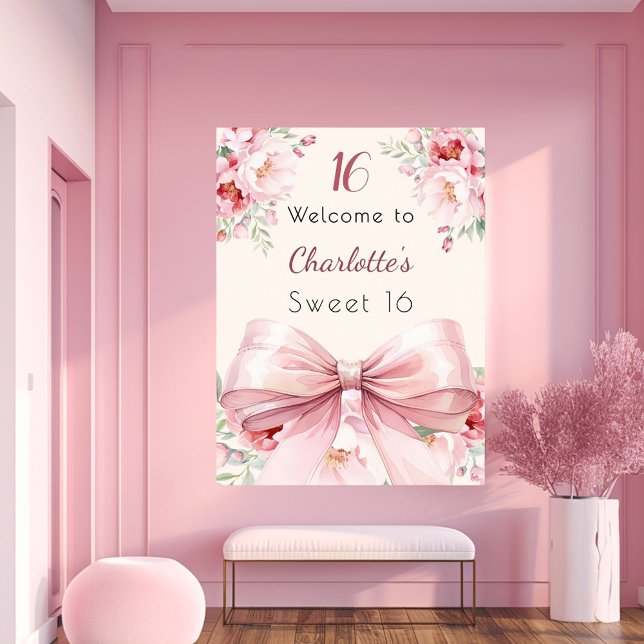Pink bow cream florals Sweet 16 welcome Poster (Creator Uploaded)