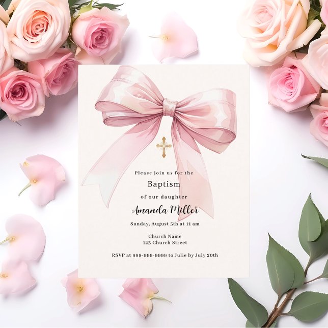 Pink bow cream girl Baptism invitation (Creator Uploaded)