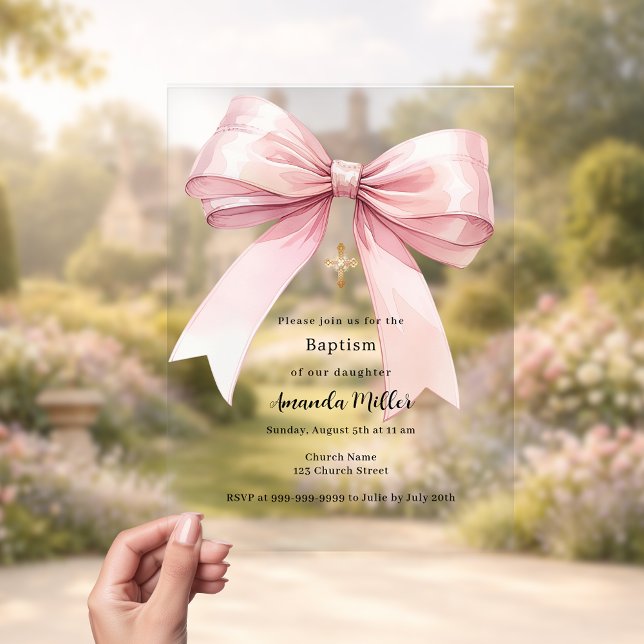 Pink bow cream girl clear Baptism Acrylic Invitations (Creator Uploaded)