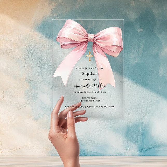 Pink bow cream girl clear Baptism Acrylic Invitations (Creator Uploaded)