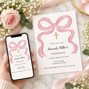 Pink bow cream girl Confirmation Invitation