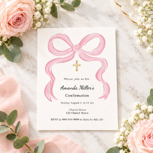 Pink bow cream girl Confirmation Invitation