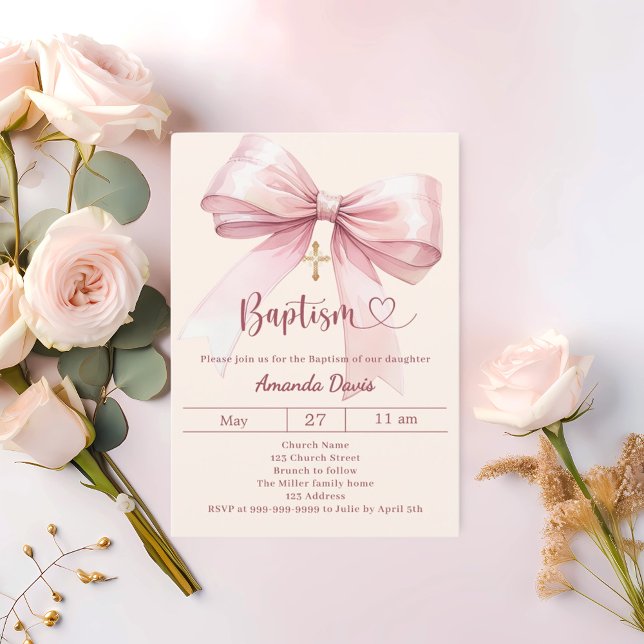 Pink bow cream girl elegant Baptism Invitation (Creator Uploaded)