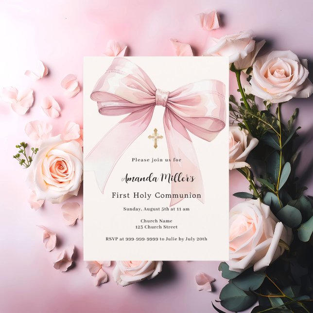 Pink bow cream girl First Communion Invitation (Creator Uploaded)