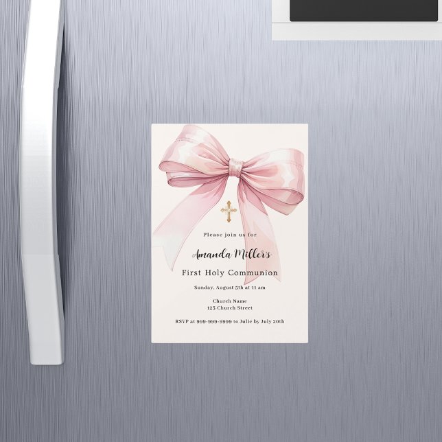 Pink bow cream girl First Communion Magnetic Invitation (Creator Uploaded)