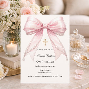 Pink bow CREAM pearls girl elegant Confirmation Invitation