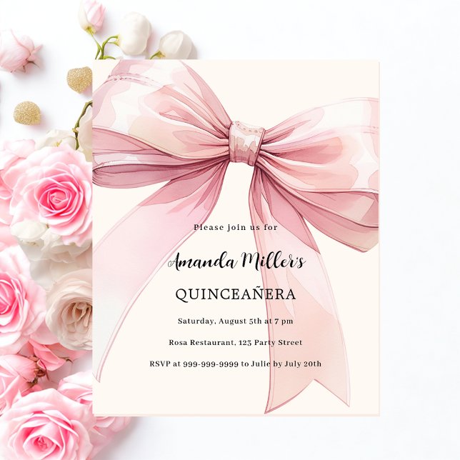 Pink bow cream Quinceanera Invitation (Creator Uploaded)