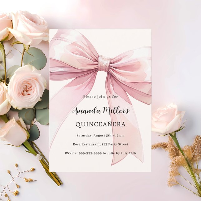Pink bow cream Quinceanera Invitation (Creator Uploaded)