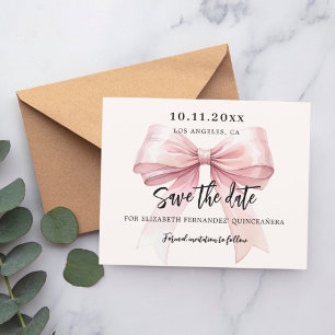 Pink bow cream Quinceanera Save the Date card