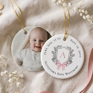 Pink Bow Crest Baby Monogram Birth Stats Photo Ceramic Tree Decoration