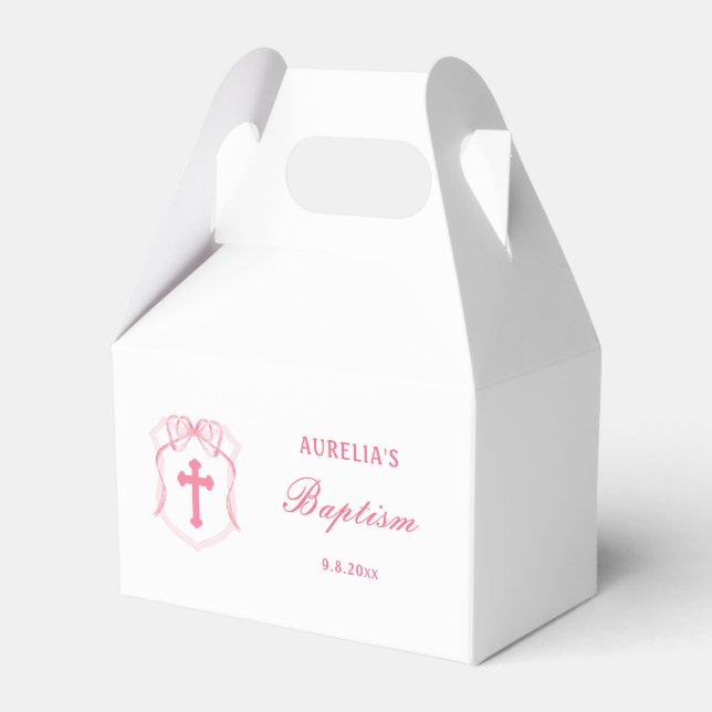 Pink Bow Crest Baptism Gable Favour Box (Front Side)