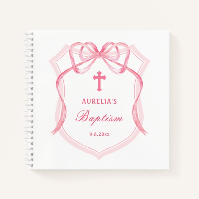 Pink Bow Crest Baptism Guest Book (Front)