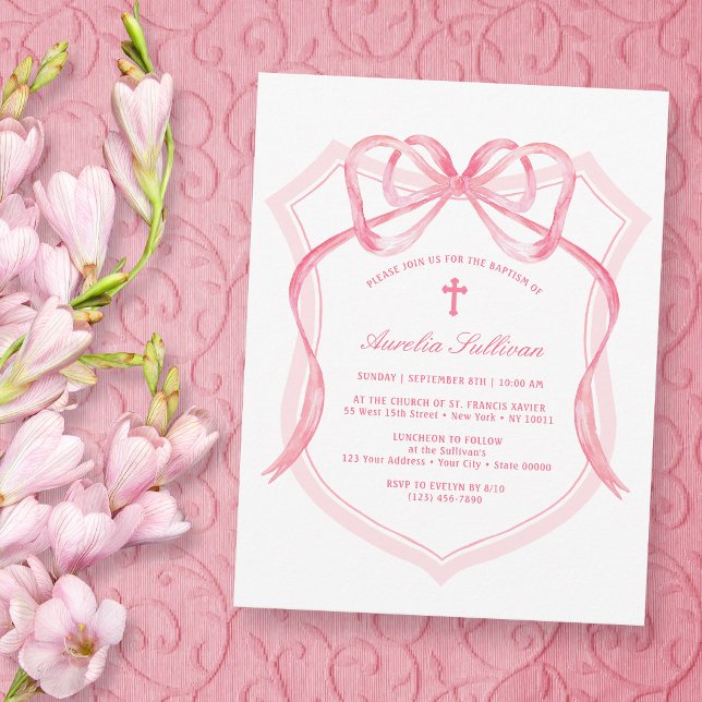 Pink Bow Crest Baptism Invitation (Creator Uploaded)