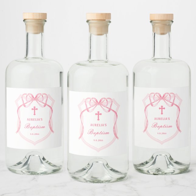 Pink Bow Crest Baptism Liquor Bottle Label (Bottles)