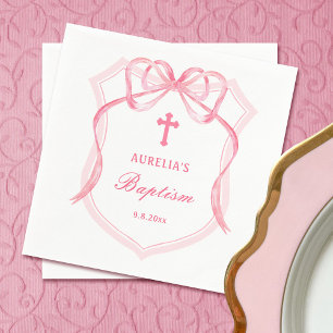 Pink Bow Crest Baptism Napkin