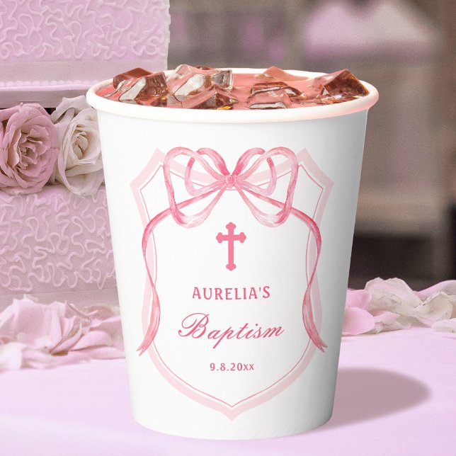 Pink Bow Crest Baptism Paper Cups (Creator Uploaded)