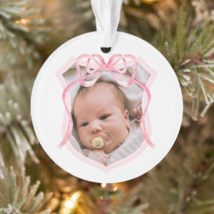 Pink Bow Crest Baptism Photo Ornament