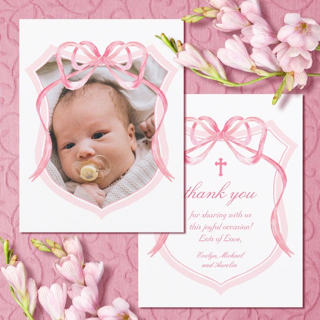 Pink Bow Crest Baptism Thank You Card (Creator Uploaded)