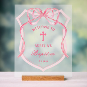 Pink Bow Crest Baptism Welcome Acrylic Sign