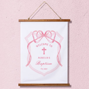 Pink Bow Crest Baptism Welcome Hanging Tapestry